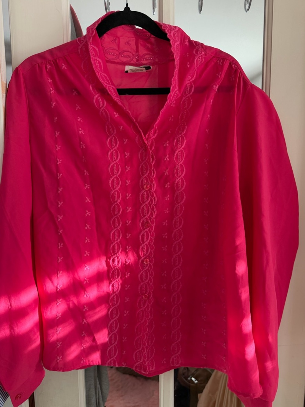 Vintage Hot Pink Embroidered V-Neck Blouse